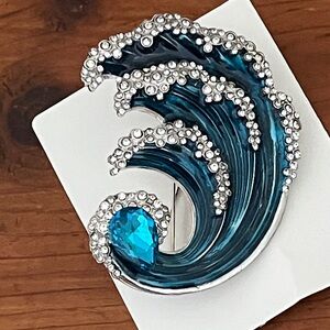 Big Wave Brooch Aqua and Silver with Crystals Coastal Fashion